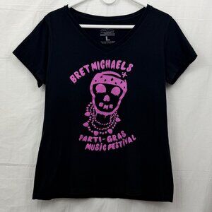 Bret Michaels Collection Parti-Gras Music Festival V-Neck Tee Women L Black Pink
